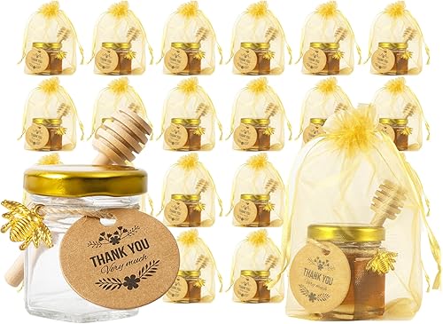 Miniatura 1 de 1.5oz 24 Pack Mini Glass Hexagon Canning Jars with Gold Lid, Bee Charms Pendant, Honey Dipper Sticks, Gold Gift Bags, Thank You Gift Tags, Jute Tag