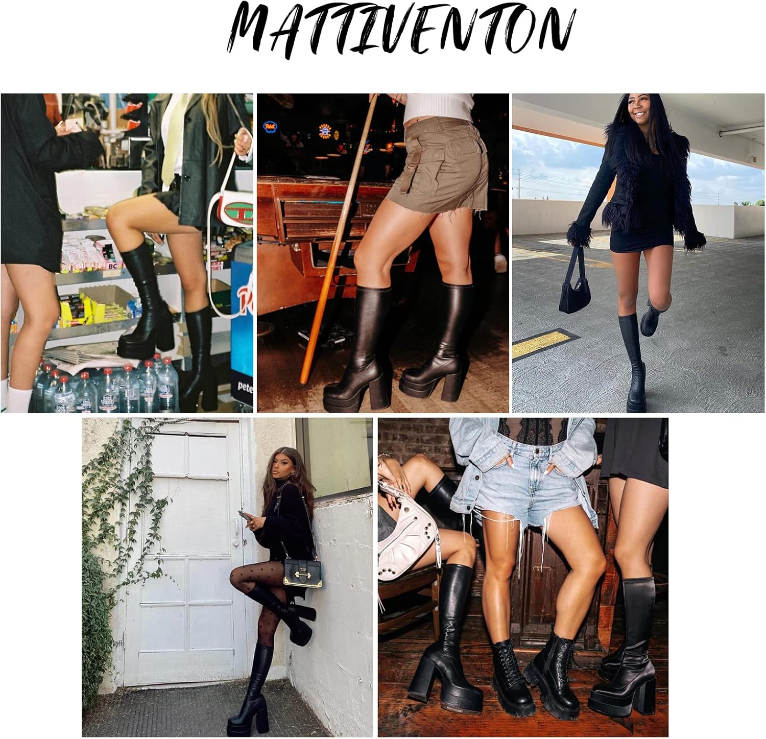 Mattiventon White Platform GoGo Boots for Women Chunky High Heels Knee High Stretch Boots - Image 7