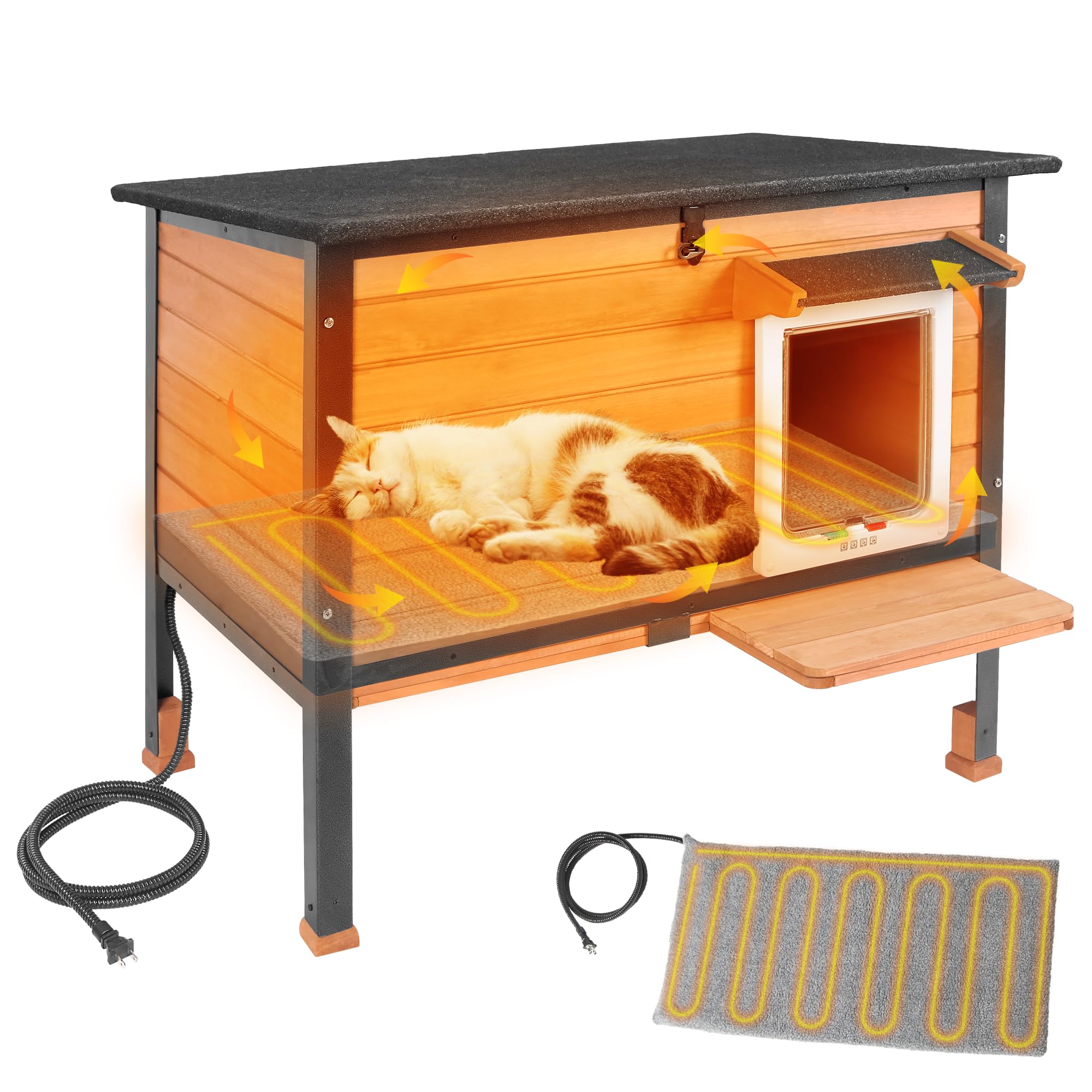 Classic Wooden Indoor & Outdoor Universal Raised Base Cat House, Asphalt Waterproof Anti Bite Metal Framewith Controlled Access for Animal Shelter (Brown-IN-D) — image 1