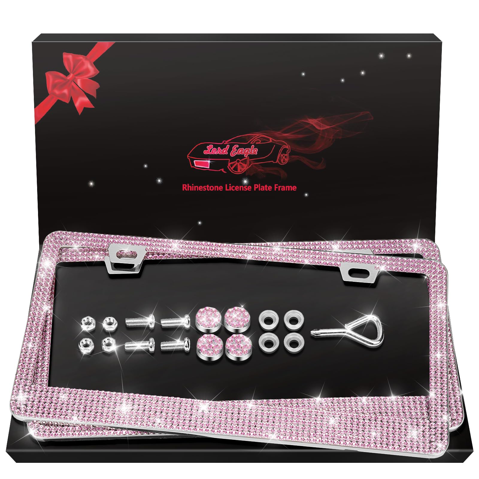 Photo 1 of [2 Pack] Luxury Bling Pink License Plate Frames - Hand-Set 1200+ Crystal Rhinestones - Rust-Proof Stainless Steel Car Accessories for Women - Universal Fit Front and Rear Set