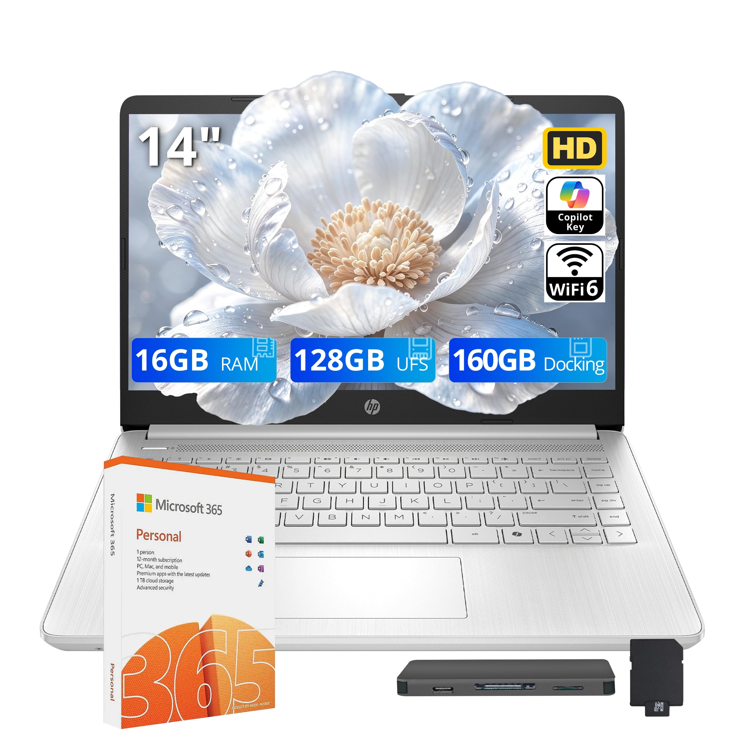 HP Stream 14" HD Student & Business Laptop, Intel Processor N150, 16GB RAM, 288GB Storage (128GB UFS + 160GB Docking Station), Intel Graphics, 1 Year Office 365, Wi-Fi 6, Win 11, Silver