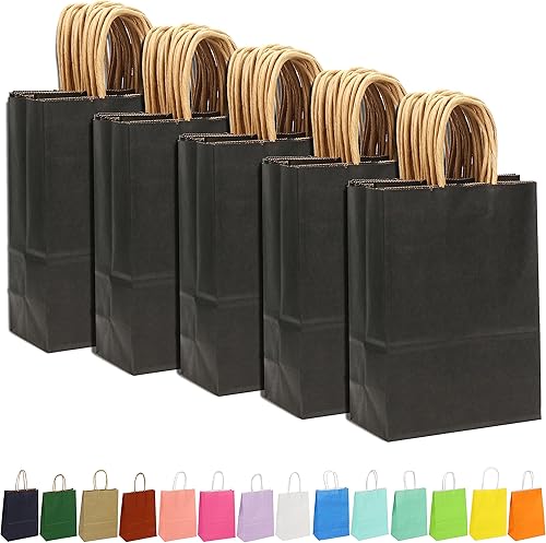 AMAZING TIME Paquete de 150 bolsas de papel de regalo con asas a granel, bolsas de papel kraft de 5.25 x 3.25 x 8.25 pulgadas, tamaño pequeño para