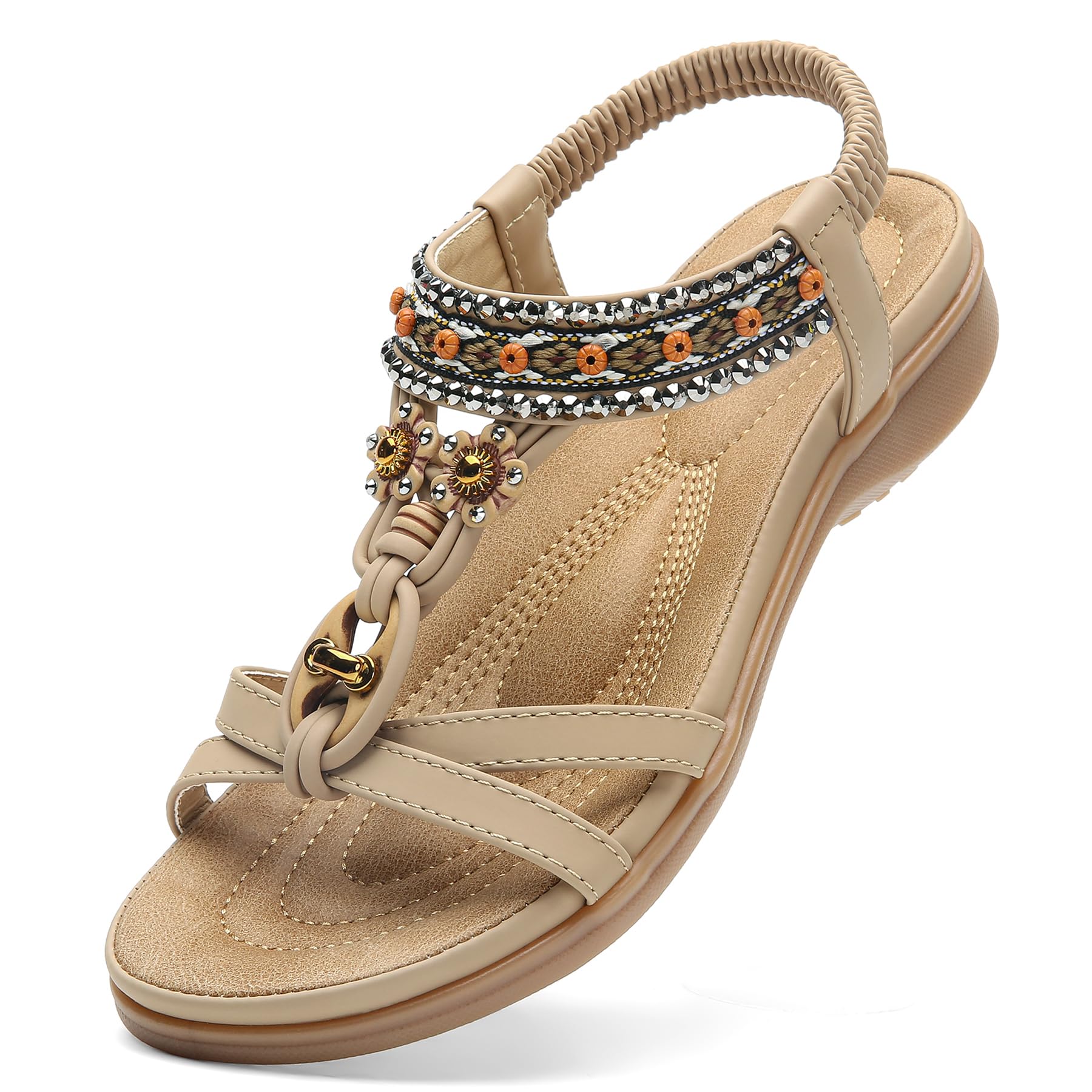 Littleplum Sandalen Damen Freizeit Flach Sandalette mit Strass Perlen Bohemia Strand Schuhe Casual Ankle Elastic Flip Flops