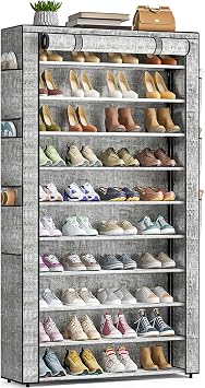 OYREL 10 Tier Shoe Rack Cabinet with Dustproof Cover, Large Capacity Shoe Stand Metal Frame, Shoe Racks Storage Space Saver for 50-56 Pairs Shoes, Shoe Shelves for Inside Wardrobe, Living Room,Hallway