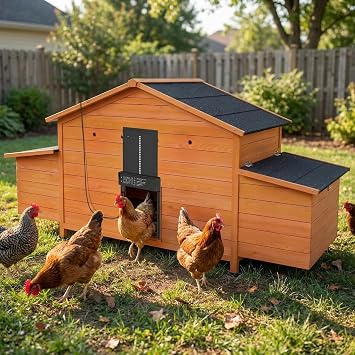 Wooden Chicken Coop with Solar Automatic Door, Predator-Proof Outdoor Hen House with 2 Nesting Boxes & Deep Pull-Out Tray, All-Weather Poultry Cage for Backyard [2-4] Chickens