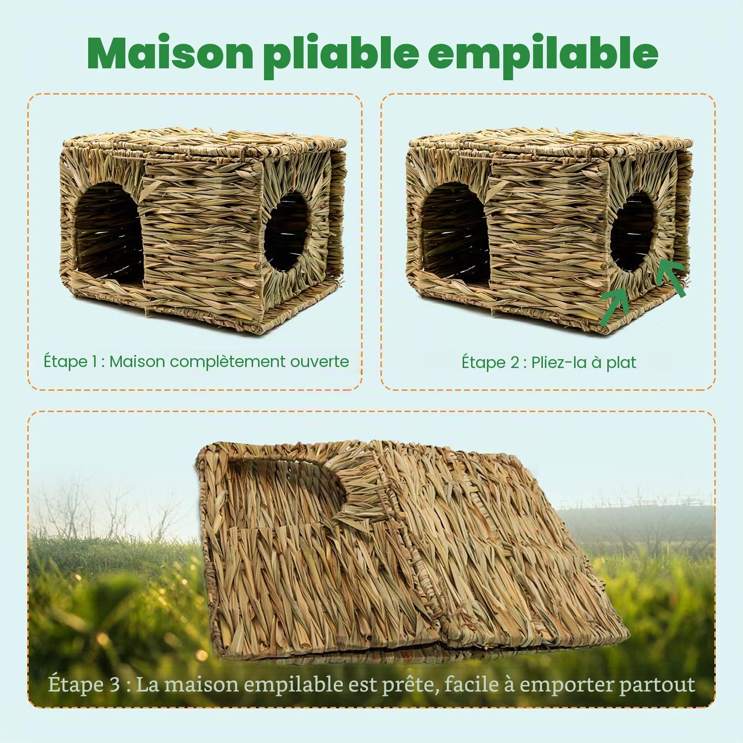 HYLYUN Très Grande Maison Foin Lapin Naturellement Séchée Maison d'herbe Tissée Pliable pour Lapin, Cochon d'Inde, Chinchilla, Furet Jouer et Dormir