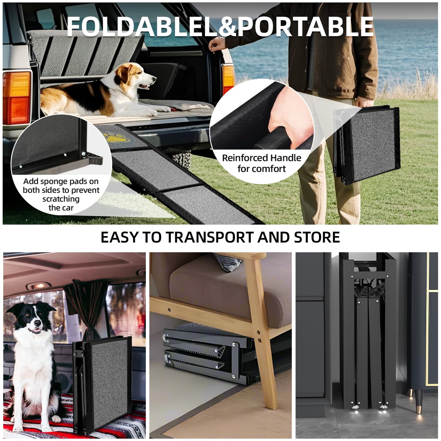 Rampe pour chien pliable extra longue 180 cm avec surface de tapis antidérapante pour petits, moyens et grands chiens - Rampe portable pour voiture, SUV, camion, canapé et lit
