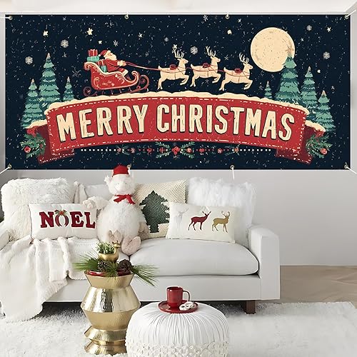 Miniatura 6 de ANNA QUEEN Cartel de Navidad para puerta de garaje de 6 x 13 pies, trineo retro de Papá Noel y letrero de Feliz Navidad, gran decoración de garaje