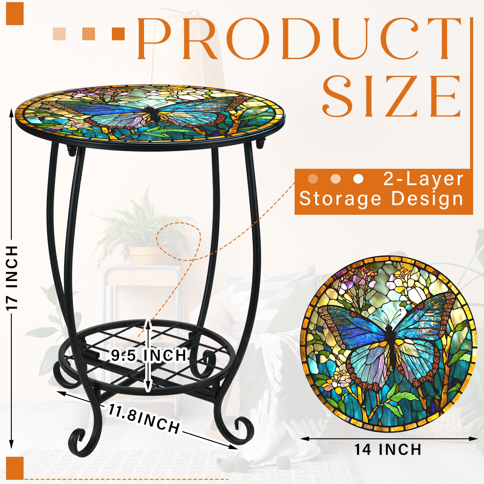 Mesa auxiliar redonda para exteriores, mosaico pequeño, decoración de patio, planta de metal, mesa de té para patio, porche, jardín, patio, sala de estar, dormitorio (estilo mariposa, 14 2