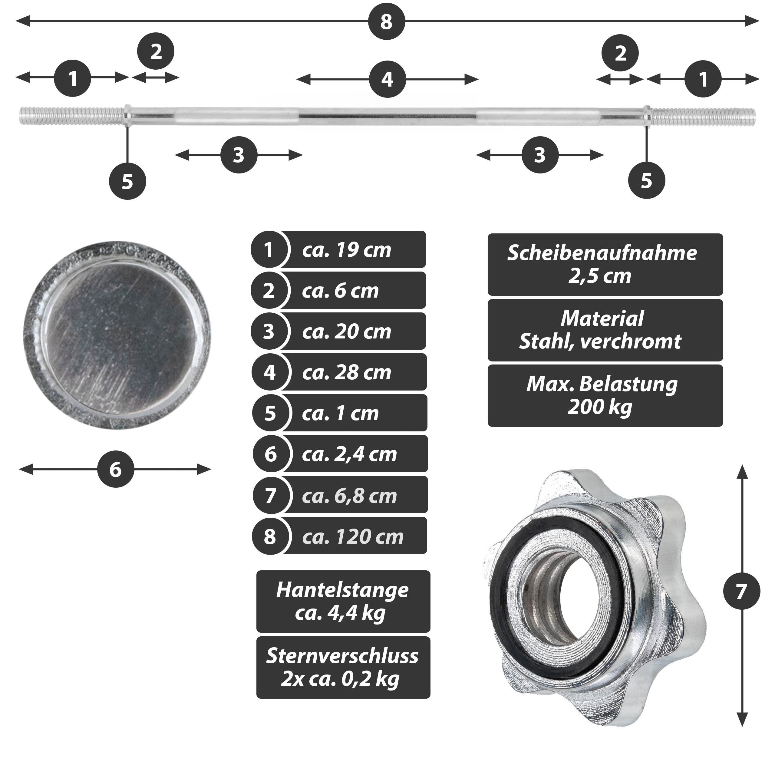 Langhantel-Set Zement 30 kg 4 Gewichtsscheiben Sternverschlüsse Hantelset für Kraftsport Muskelaufbau Workouts Bodybuilding Reha Schraubverschlüsse