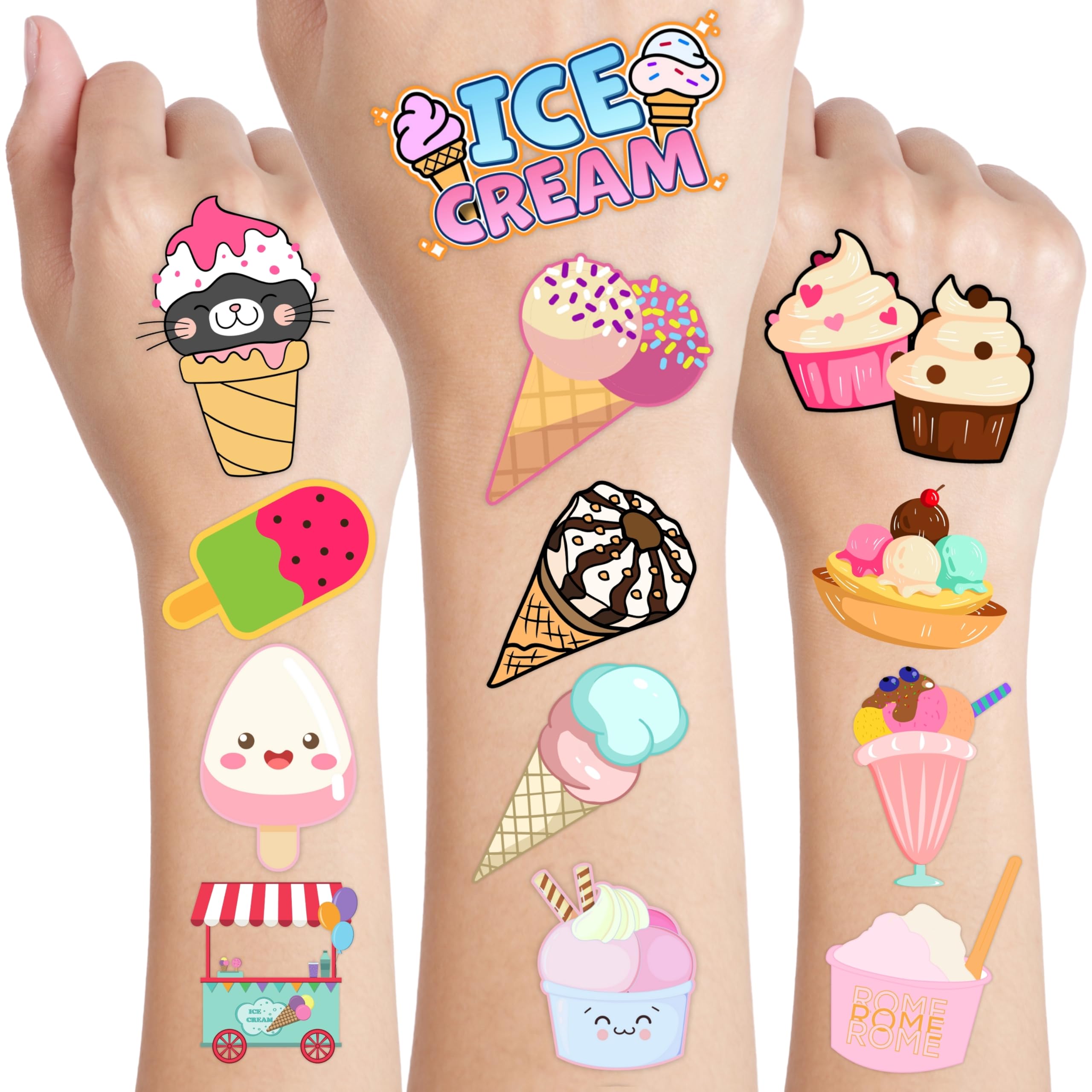 96PCS Ice Cream Pre-Cut Temporary Tattoos for Kids - Summer Birthday Party Supplies, Fun Tattoos for Boys & Girls, Party Favors, Classroom Prizes,