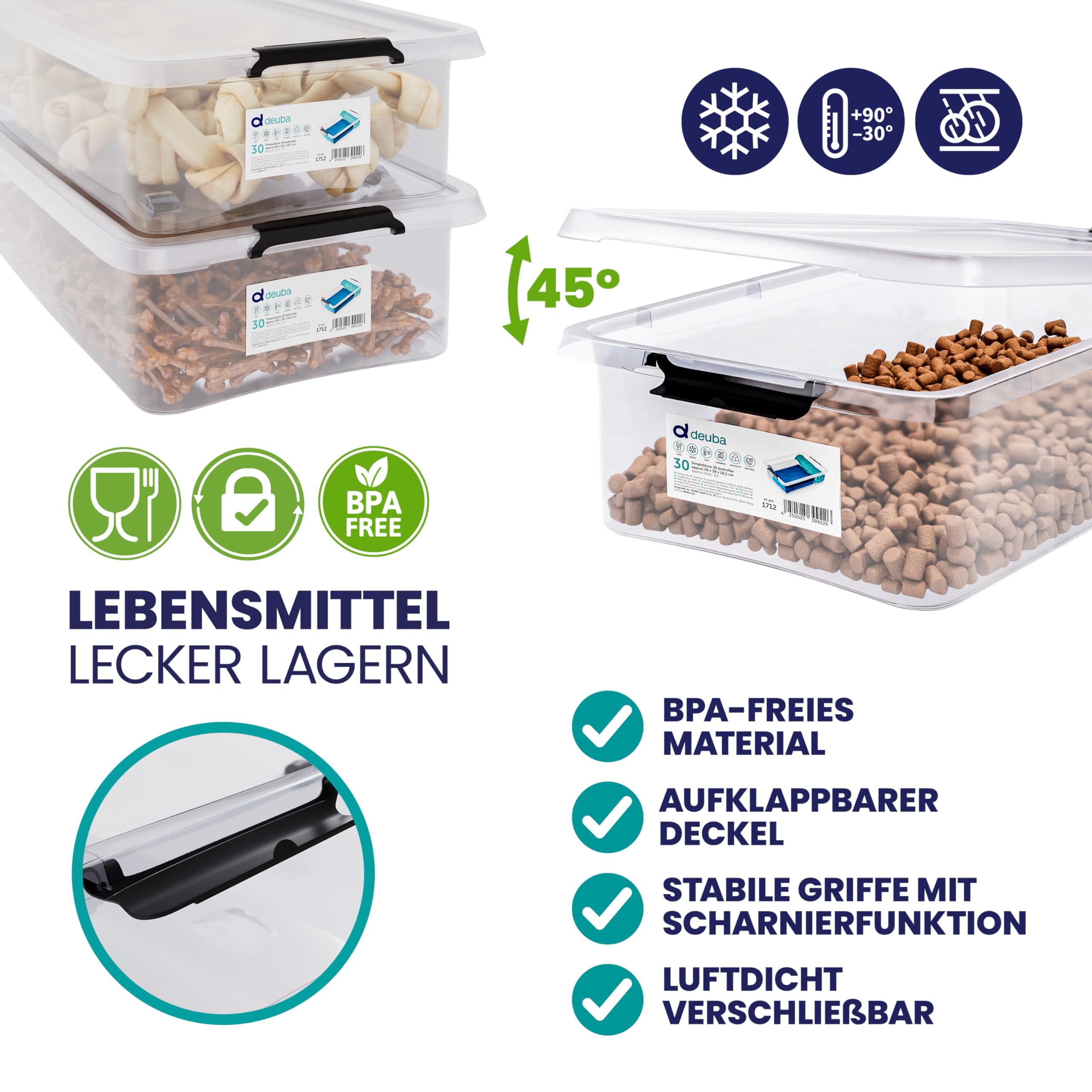 Deuba® Aufbewahrungsboxen 4 x 30l mit Deckel und Rollen, stapelbar, transparent Kunststoff BPA-frei Klickverschluss, RB60 für Büro, Garage, Waschraum