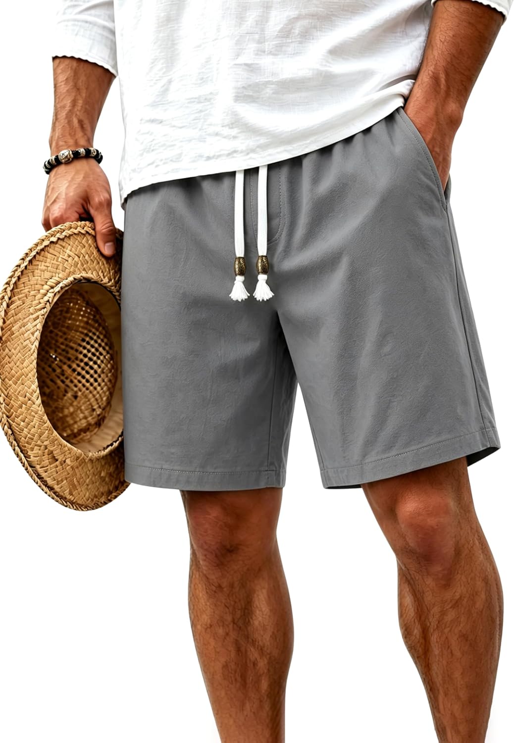 TACVASEN Men's Cotton Casual Shorts 7 Inch Inseam for Summer Beach Vacation | deep pockets,elastic waist,adjustable vintage drawstring,linen like texture,lightweight cotton,casual fit for summer beach