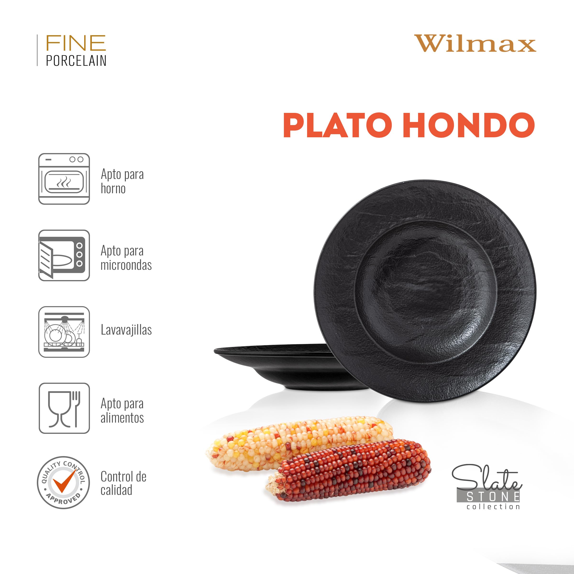 Wilmax – Cuencos profundos – 2 unidades 25,5 cm / 350 ml | platos de pasta negra | textura de piedra natural | para pasta, sopas, ensaladas, platos principales | platos hondos resistentes a los