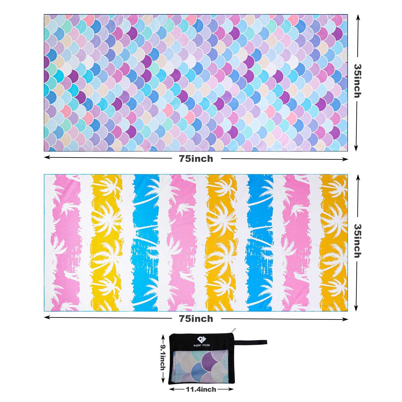 Lot de 2 Serviettes de Plage en Microfibre : Serviettes de Piscine surdimensionnées de 190,5 x 88,9 cm, Serviettes de Plage Anti-Sable, Serviettes de Camping à séchage Rapide, Super absorbantes