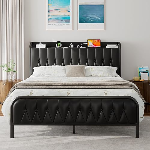 iPormis Base de cama de metal tamaño Queen con estación de carga, cabecera tapizada de terciopelo y estribo, soporte de acero resistente,