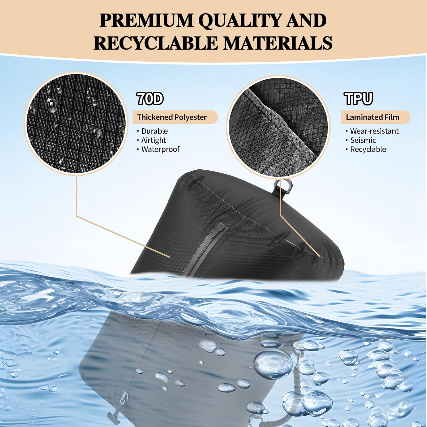 Travel Vacuum Bags with Pump 38L Carry On Backpack, Reusable Vacuum Compression Bags with IP67 Waterproof Zipper 70D Nylon Travel Pack Vacuum Kit Space Saver Bags