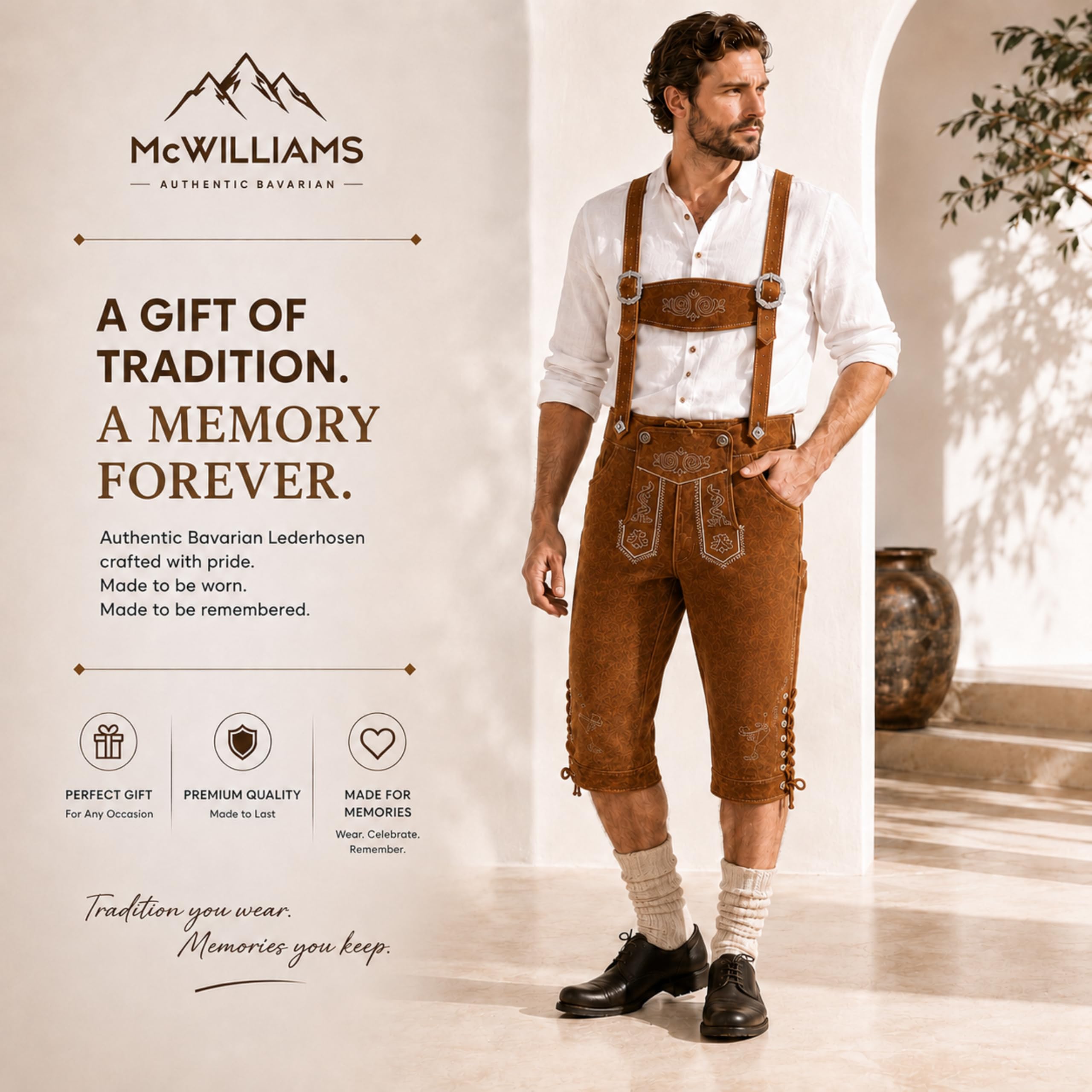 McWilliams Lederhosen Autentyczne bawarskie niemieckie brązowe spodnie skórzane Oktoberfest
