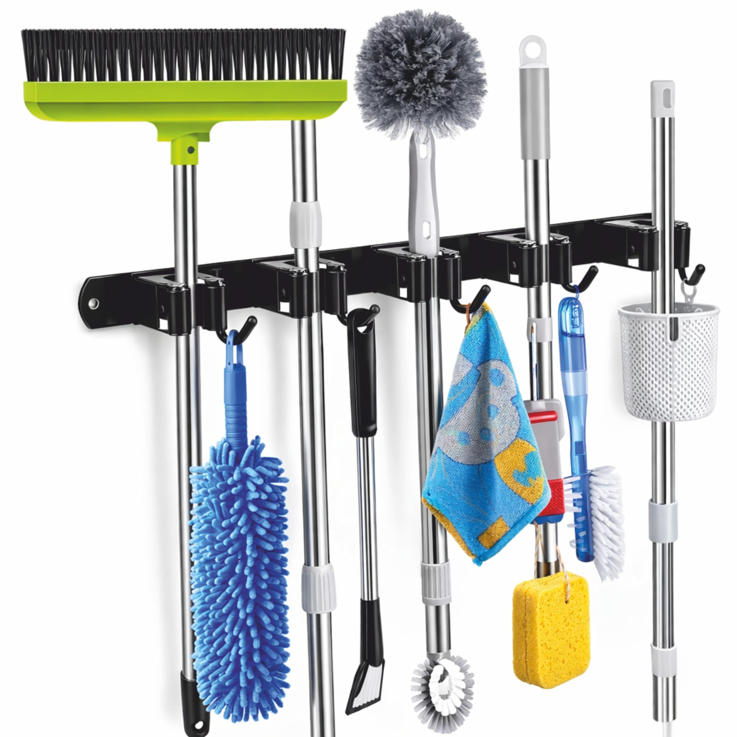 JIALTO Broom Holder and Mop Organizer | Mop Holder For Wall Without Drilling with 5 Slots and 4 Hooks for Kitchen, Garage, Garden, and Utility | Space Saving Cleaning Tool Organizer (Black)-image-35