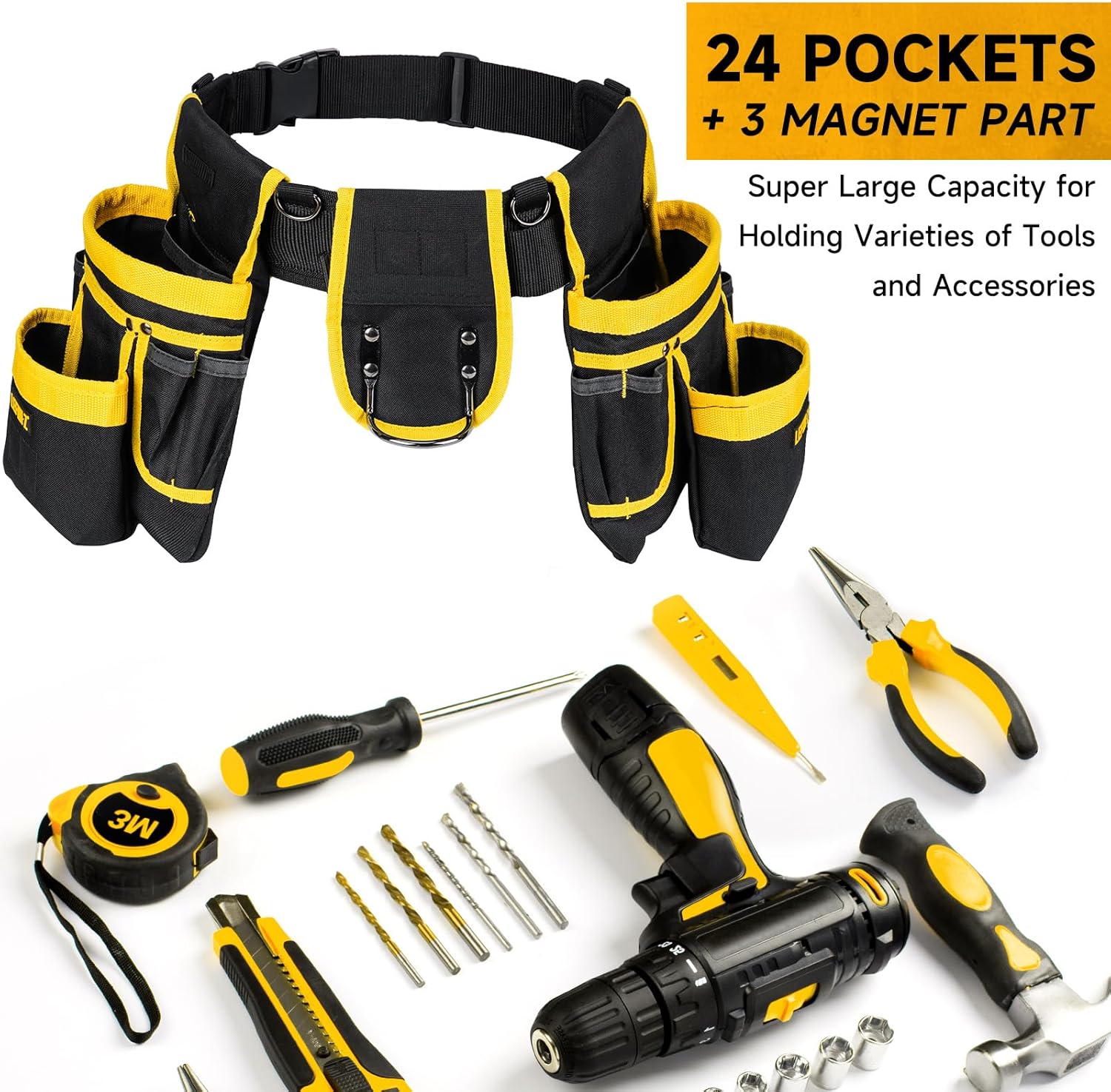 Tool Belt,Magnetic Tool Pouch,27-Pockets Heavy Duty Tool Belts for Men with 4 D-Rings,Detachable Tool Pouch Bag for Electrician,Carpenter,Construction,Utility Belt,Gifts for Men,Black,Yellow