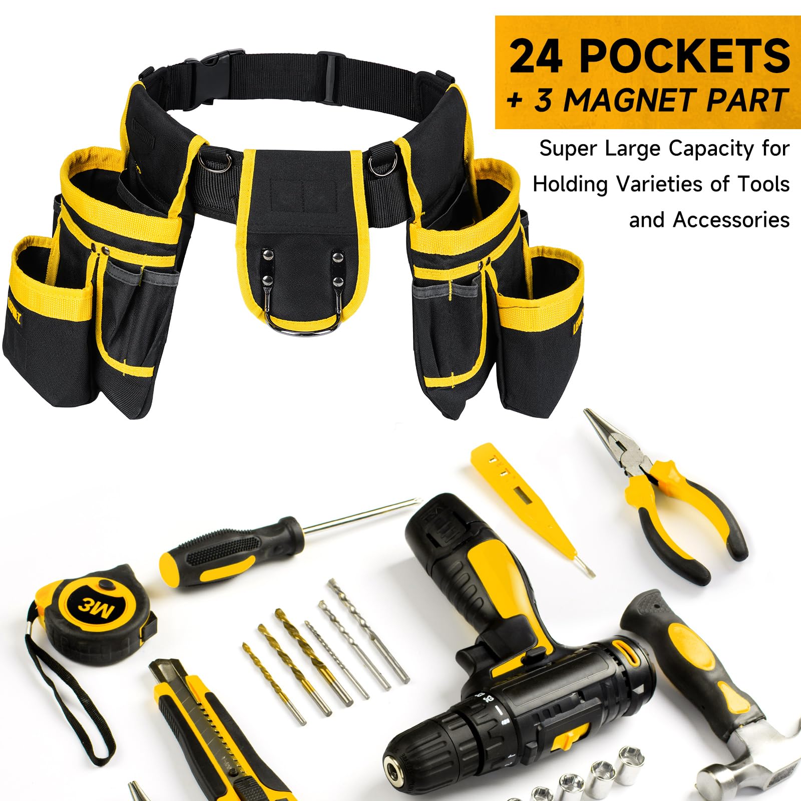 Cinturón de herramientas acolchado, resistente, para hombres, bolsillo magnético, 27 bolsillos desmontables y ajustables, electricista, carpintero, construcción, delantal de trabajo, negro, amarillo
