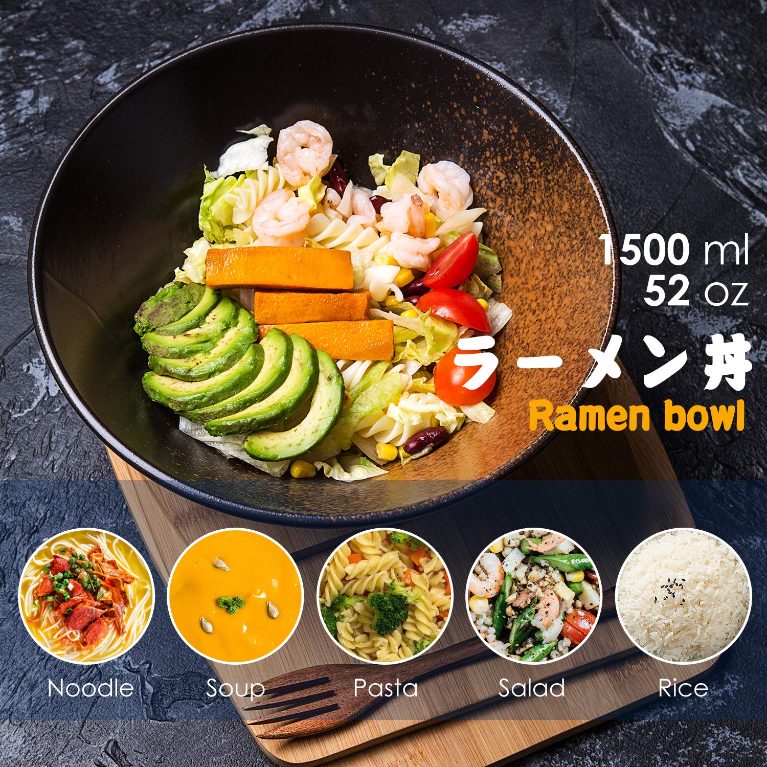 Genérico Juego de 14 tazones Grandes de Porcelana para Sopa Ramen (2 x 1500 ml), con cucharas y Palillos para Pasta Udon, pho, soba, Cereales y ensaladas. Tazones de Fideos de Estilo japonés.
