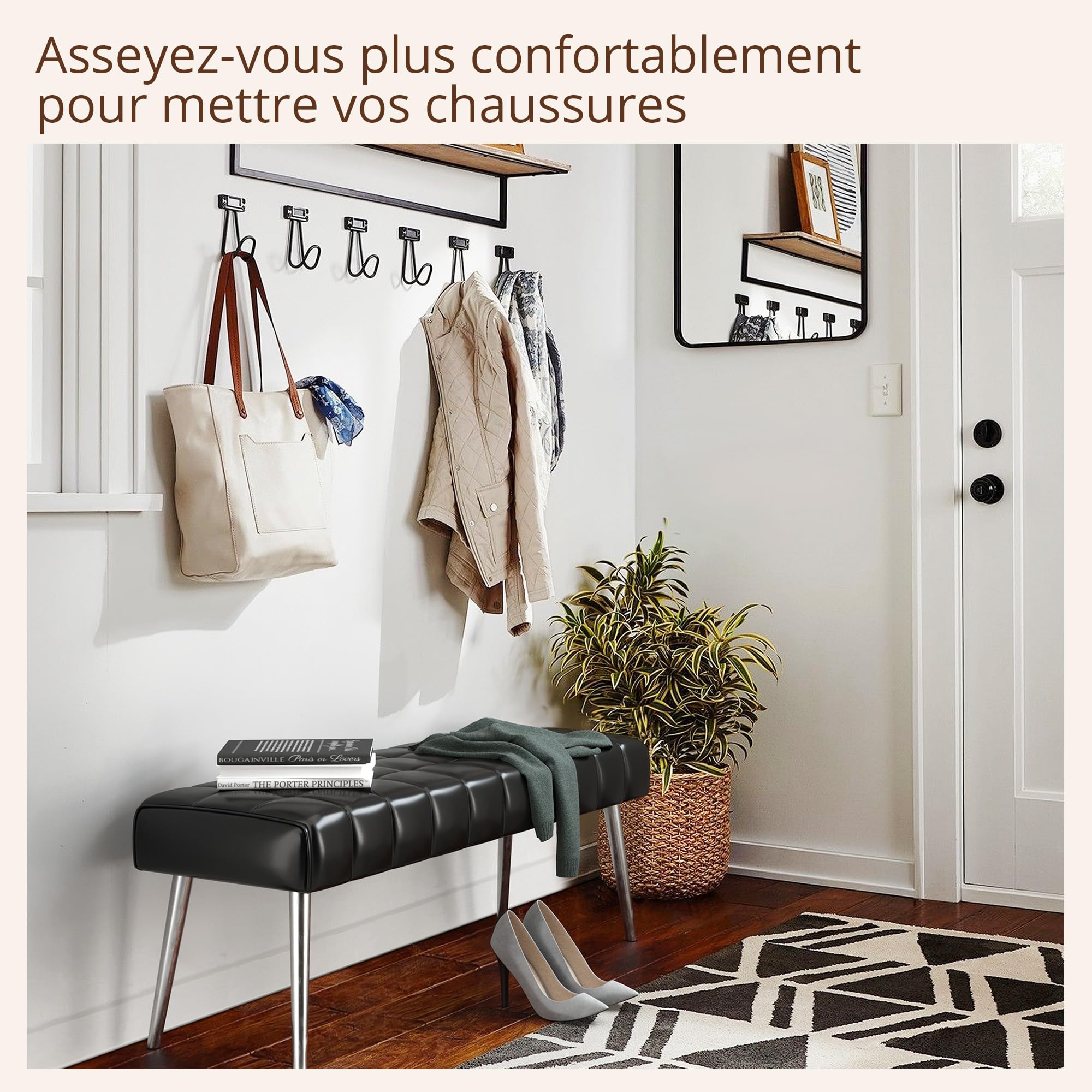 LUE BONA 113 cm Bout de Lit Banquette,Banc Chaussures Entrée avec Similicuir Capitonne,Banc Entree pour Entrée Salon Chambre à Coucher,113x39x45 cm,Noir