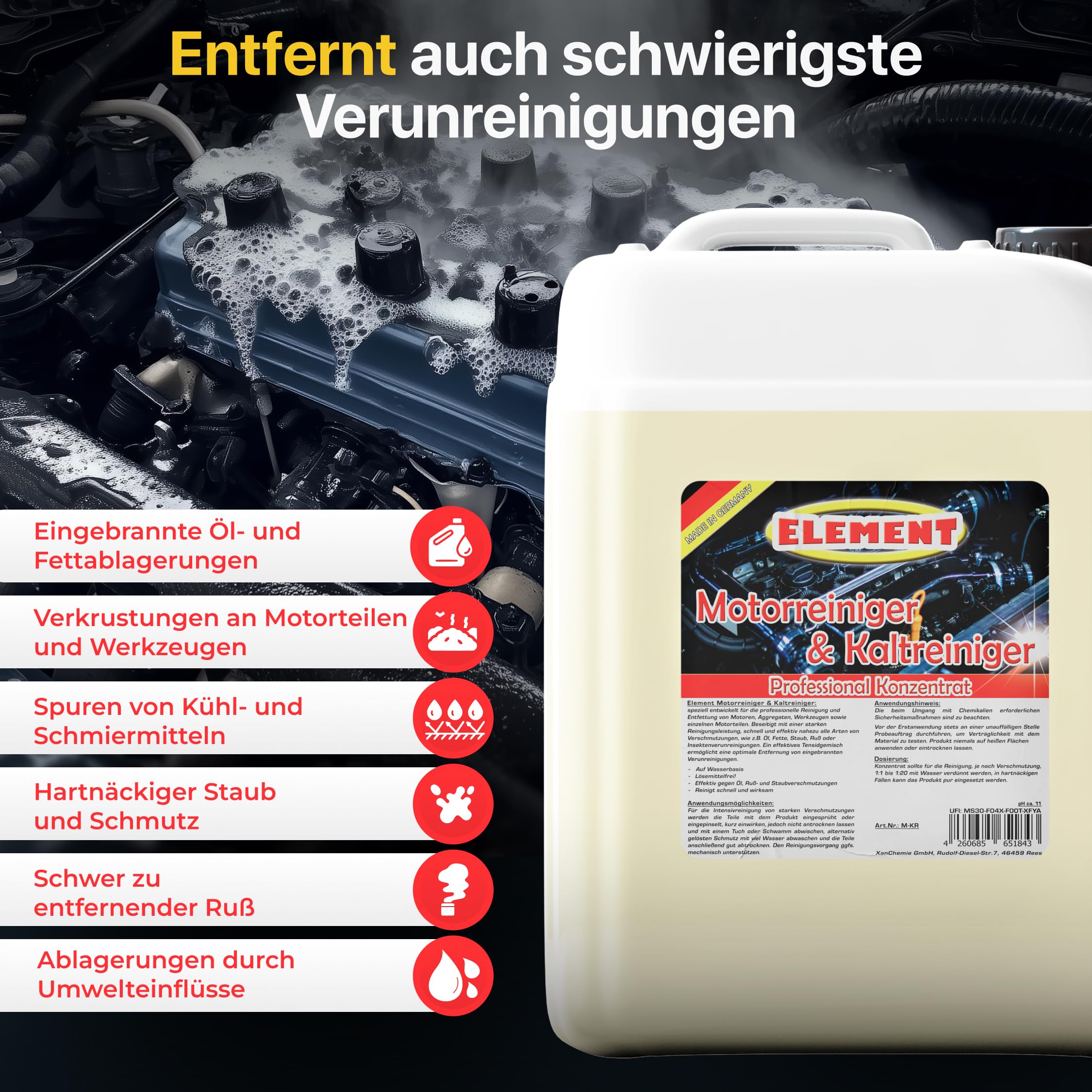 Element 5 Liter Motorkaltreiniger Kaltreiniger Motorreiniger | sparsames Konzentrat | hohe Schmutzlösekraft | Werkstattreiniger | Teilereiniger | Kaltreiniger | Motorreiniger