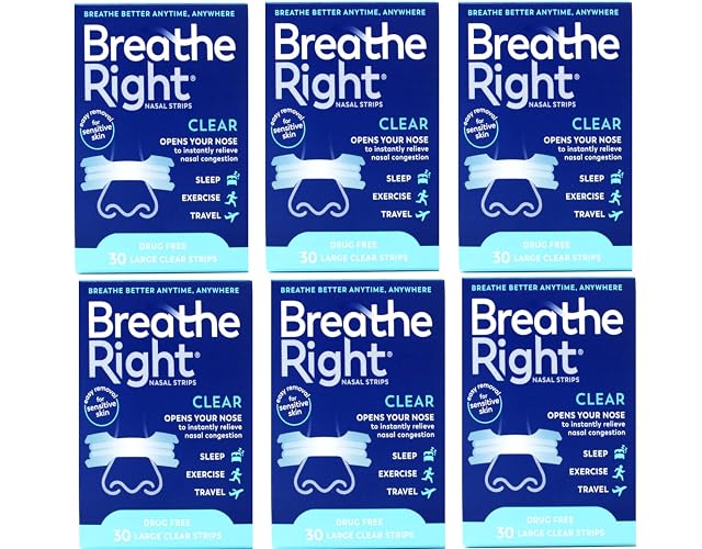 Breathe Right Nasal Strips Clear For Sensitive Skin Large 30 Each Packs of 6