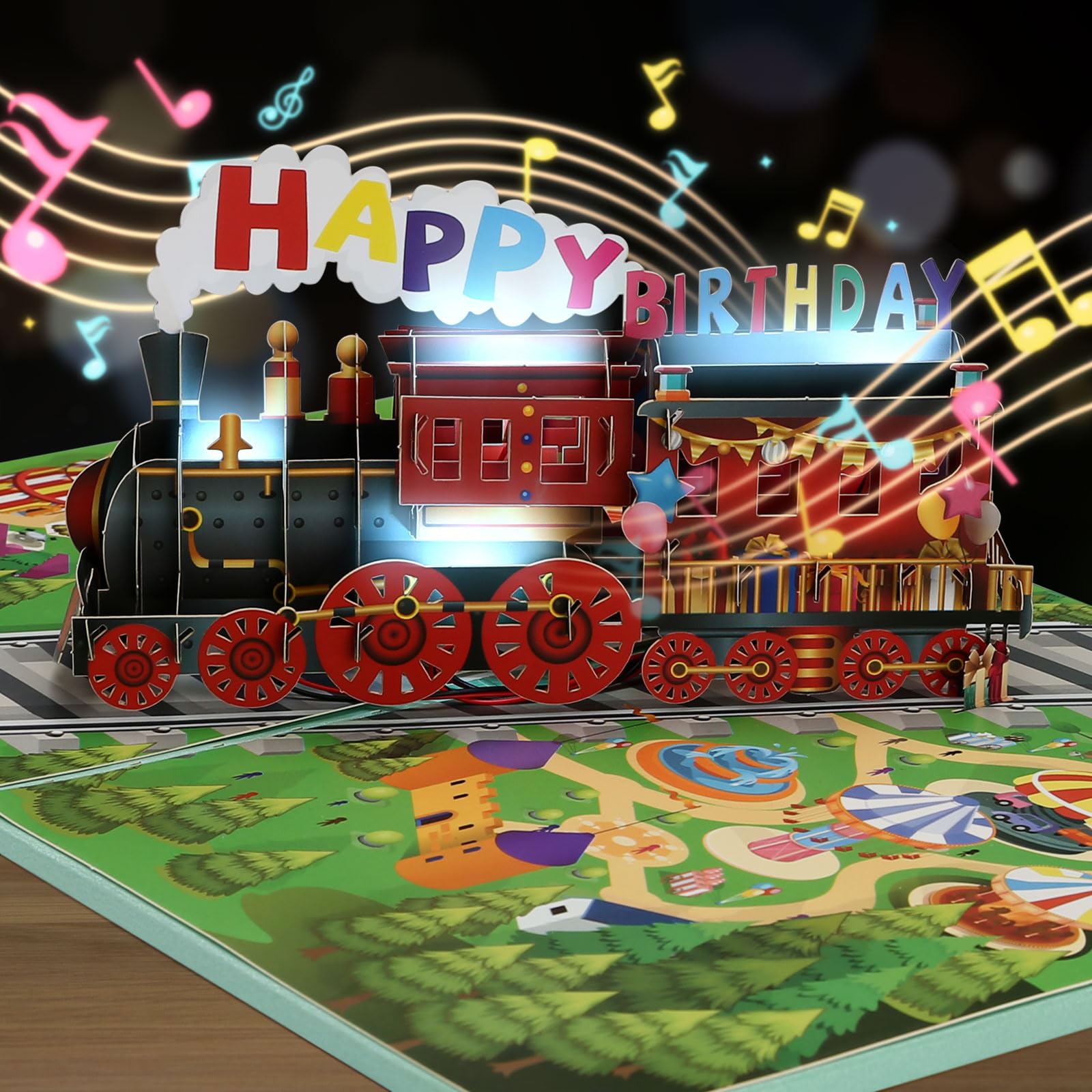 Kesote バースデーカード メロディ ライト付き 誕生日カード バースデーカード 立体 3D ポップアップカード 音楽付き 汽車
