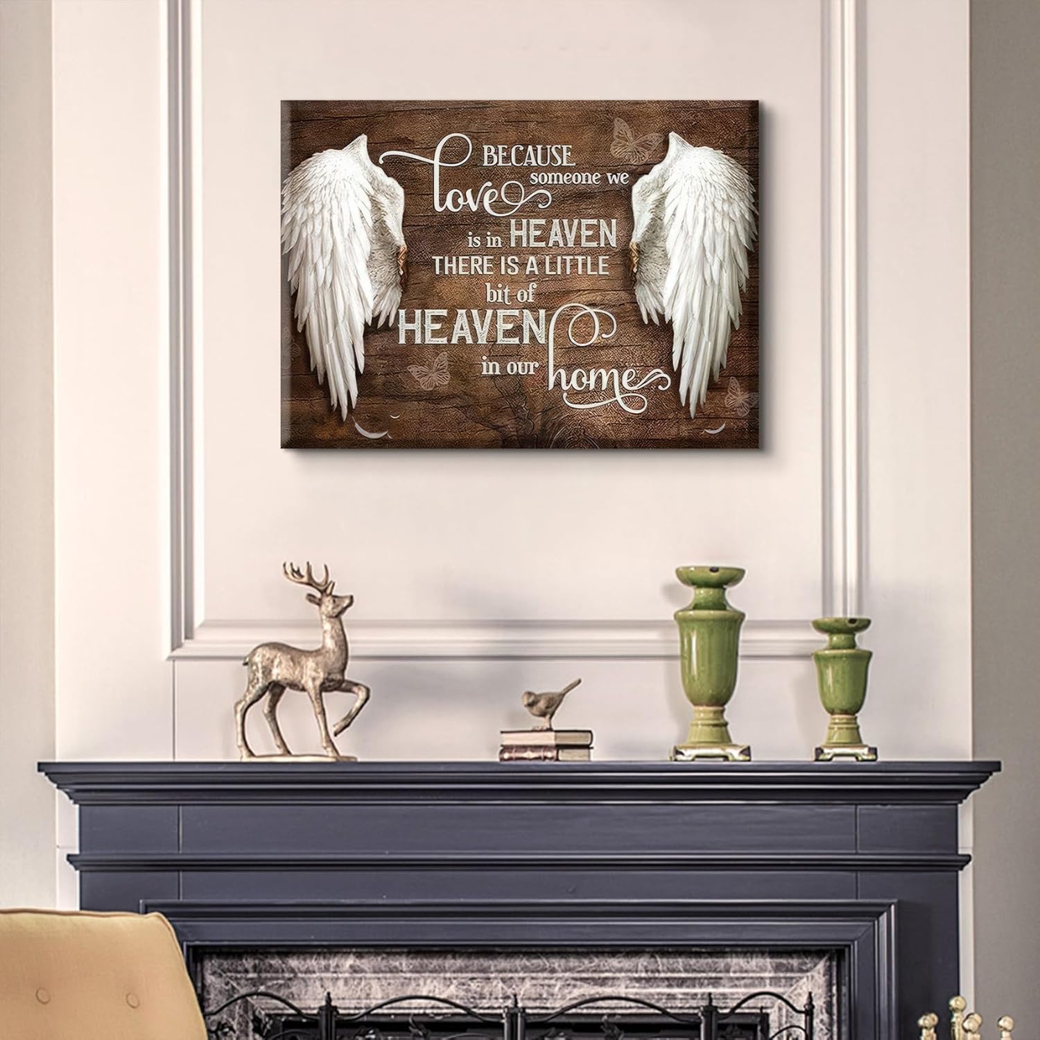 Memorial Angel Wings Wall Art Heavenly Love Home Pictures In Loving Memory Posters Paintings Because Someone We Love is in Heaven Canvas Prints Rustic Christian Memorial Wall Decor(24X16in Canvas)