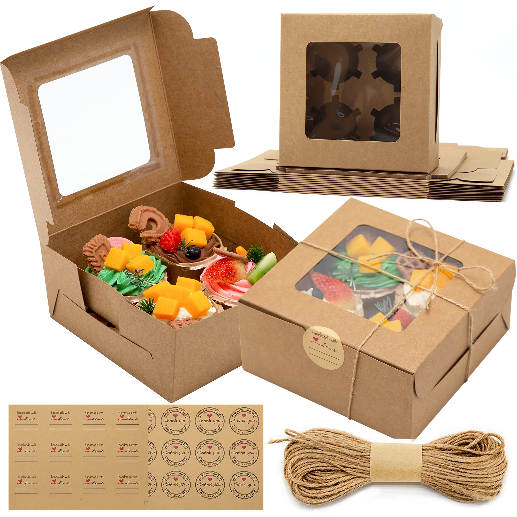 Buy Cupcake Boxes, 12 Pack Kraft Paper Cupcake Boxes 4 Hole with Window