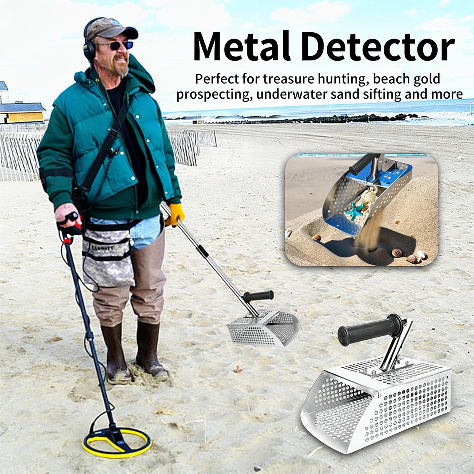 Pala da sabbia professionale con rilevamento di metalli Costruzione ergonomica con aperture esagonali per setacciare efficacemente Pala di sabbia ergonomica