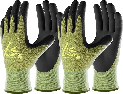 COOLJOB 2 Pairs Gardening Gloves for Women and Men, Bamboo Working Gloves Touchscreen, Grippy Nitrile Rubber Coated Work Gloves, Green/Black, Small Size (2 pairs S)