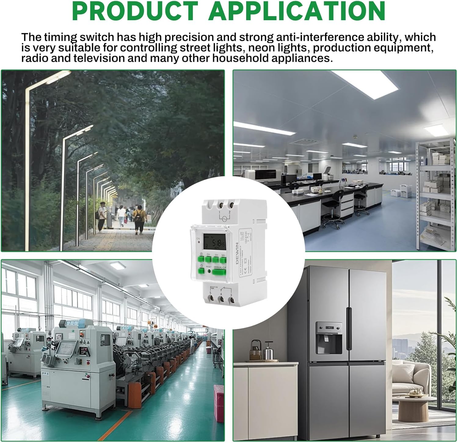 Examples of applications for the DEWIN Digital DIN Rail Timer, including street lights, factories, and home appliances.