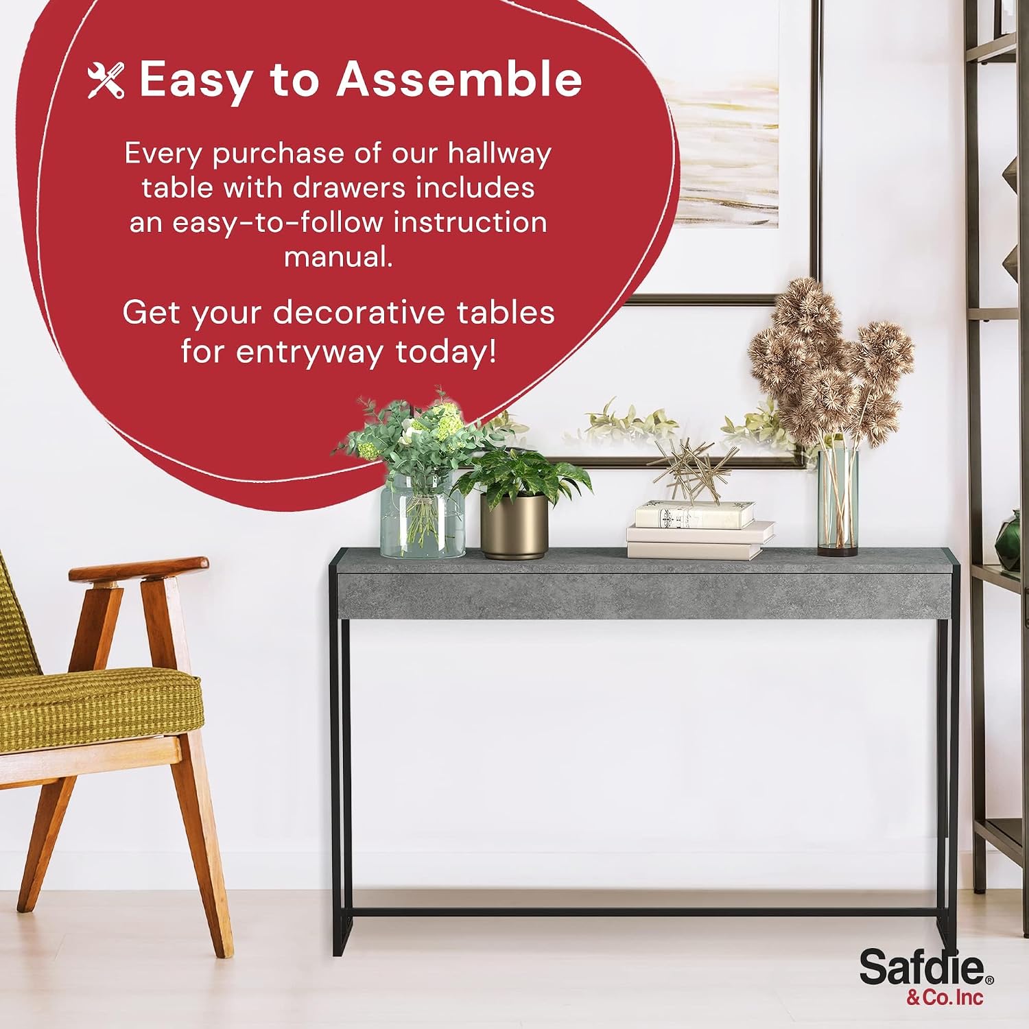 Pemberly Row Console Table, 47 in Long, Engineered Wood and Black Metal, Dark Cement Finish, Modern Minimalistic Design, Narrow Entryway or Living Room Table, Sturdy and Easy to Assemble