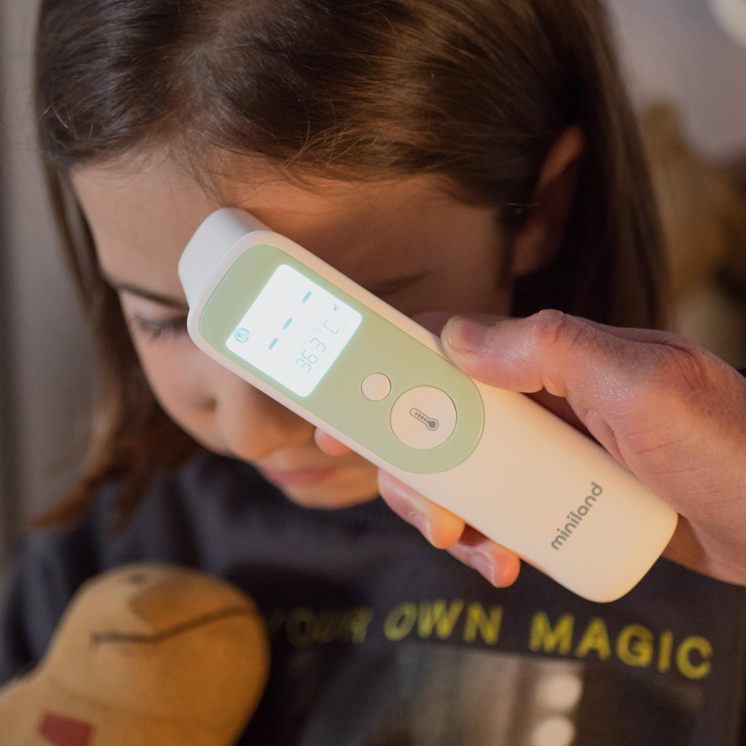 Miniland - Thermosense Plus, Termómetro Digital 3 en 1 (Frente + Oído + Líquidos), Medición Precisa 1 Segundo, Termómetro Bebé con Detección Automática, Indicador Fiebre, 40 Registros de Memoria