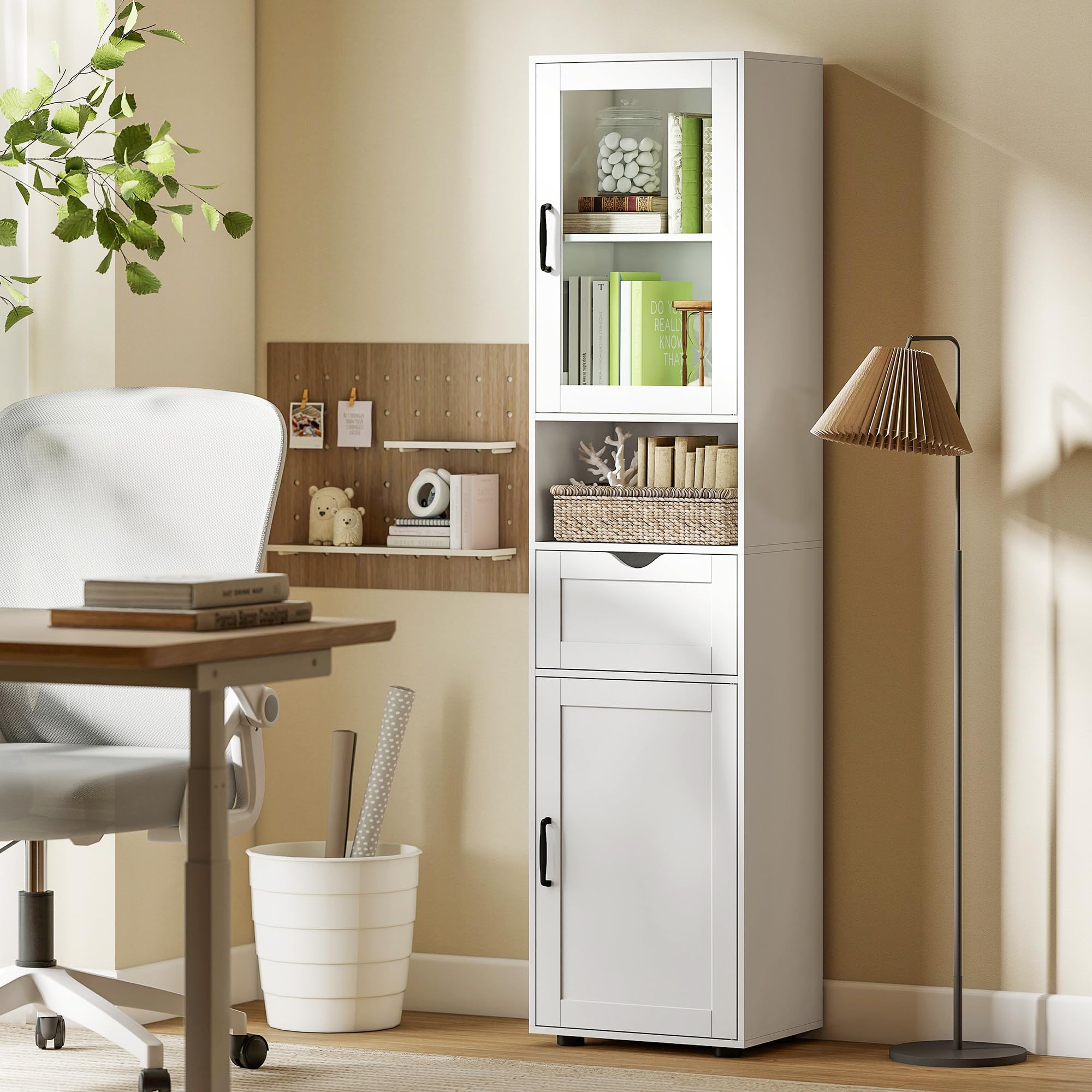 HOMCOM Armario de Baño Alto, Mueble Auxiliar de Baño con Puerta de Vidrio, Estantes Ajustables, Cajón, Estante Abierto, Columna Estrecha para Espacios Pequeños, 40x30x165 cm, Blanco