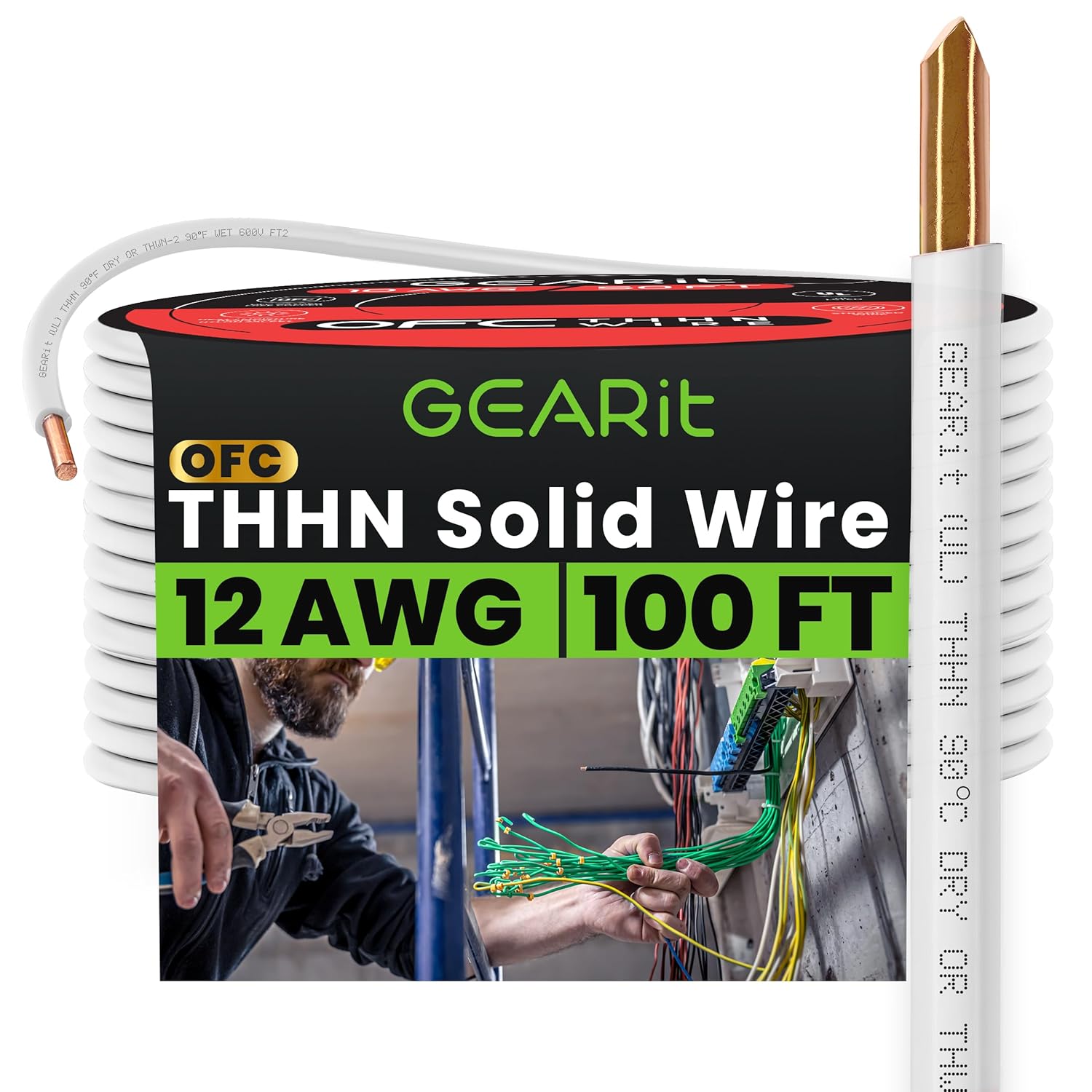 GEARit Solid THHN Wire (12 Gauge, 100 Feet) 100% OFC Electrical Building Wire, Rated for Up to 600 Volts, Single Conductor, Nylon Jacket, UL Listed/RoHs Compliant - White, 100ft