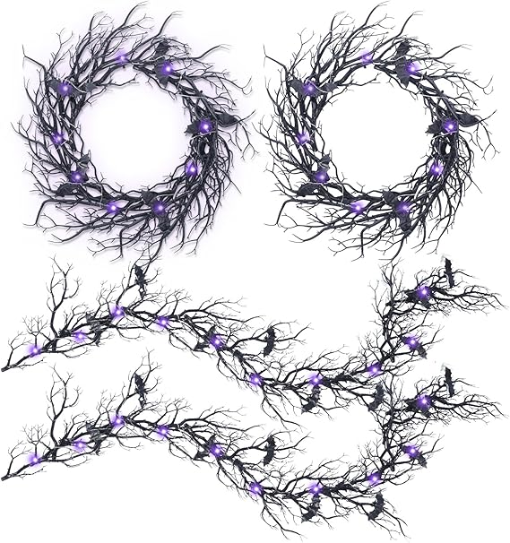 Wavwavw 4 Pack Halloween Garlands with Lights Total 24 Ft Halloween Bat