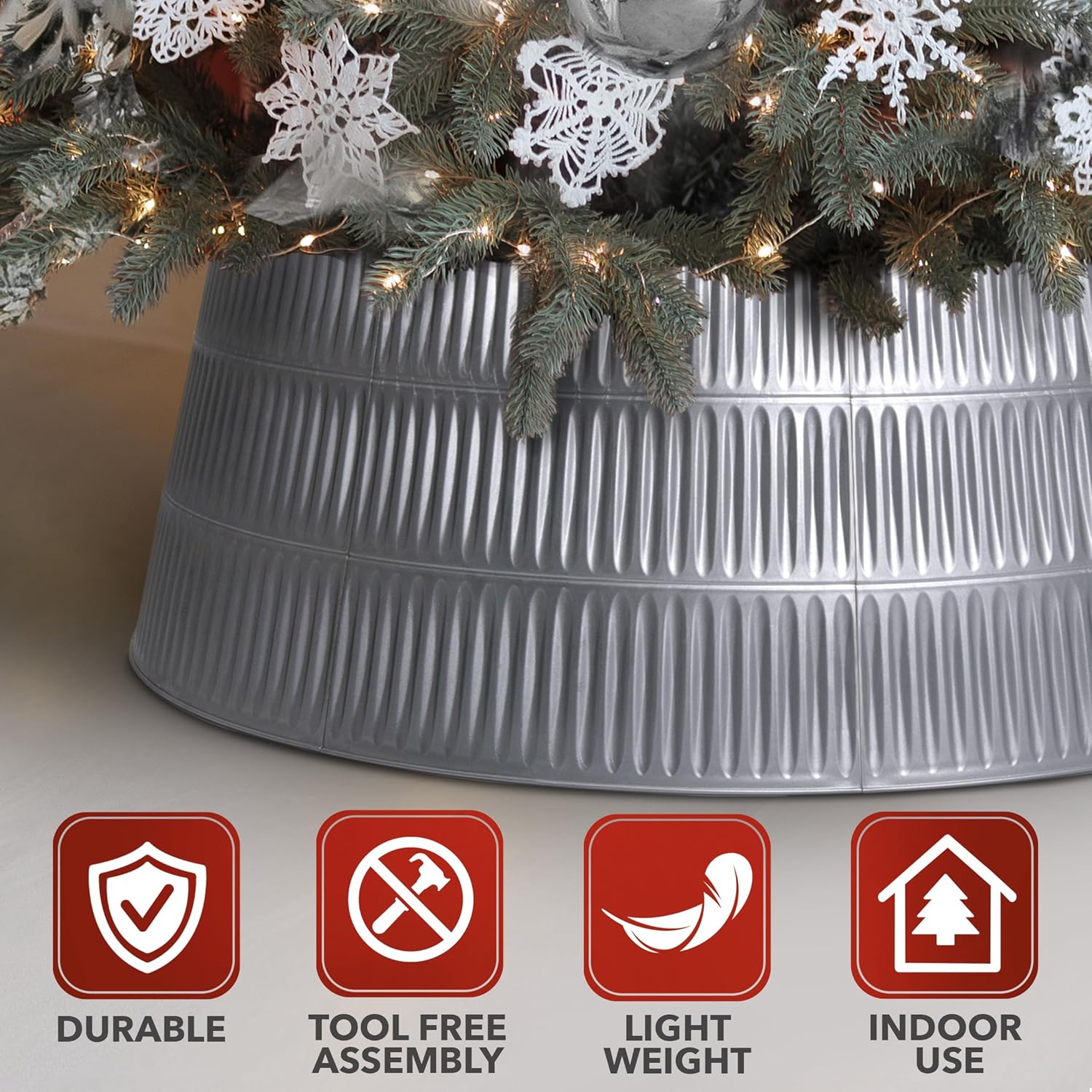 Christmas Tree Collar - Rome Design Skirt, Lightweight, Sustainable - 9 Panels, Easy Setup & Storage - Protects Tree from Pets - Fits Trees Up to 8 Feet Tall (Silver, 9 Panels)