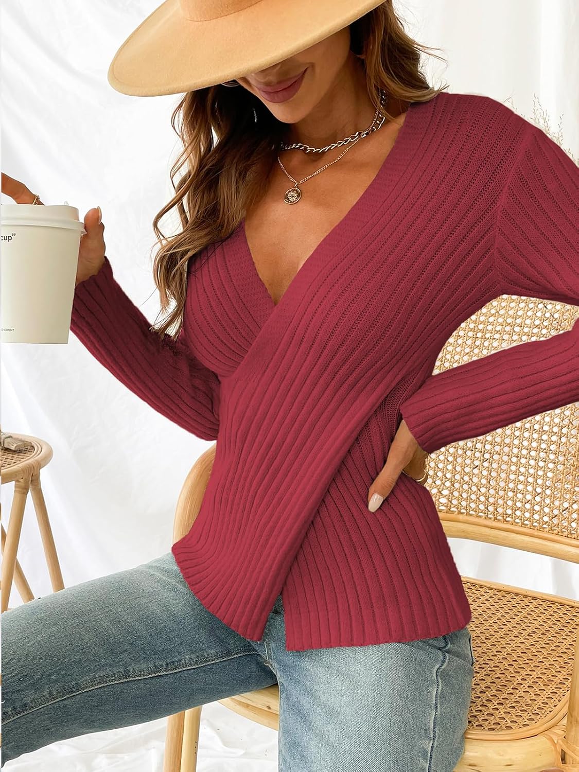 CUPSHE Womens Ribbed Sweaters Surplice Fall Knit Sweater Long Sleeve Wrap Sweater Tops - Image 2
