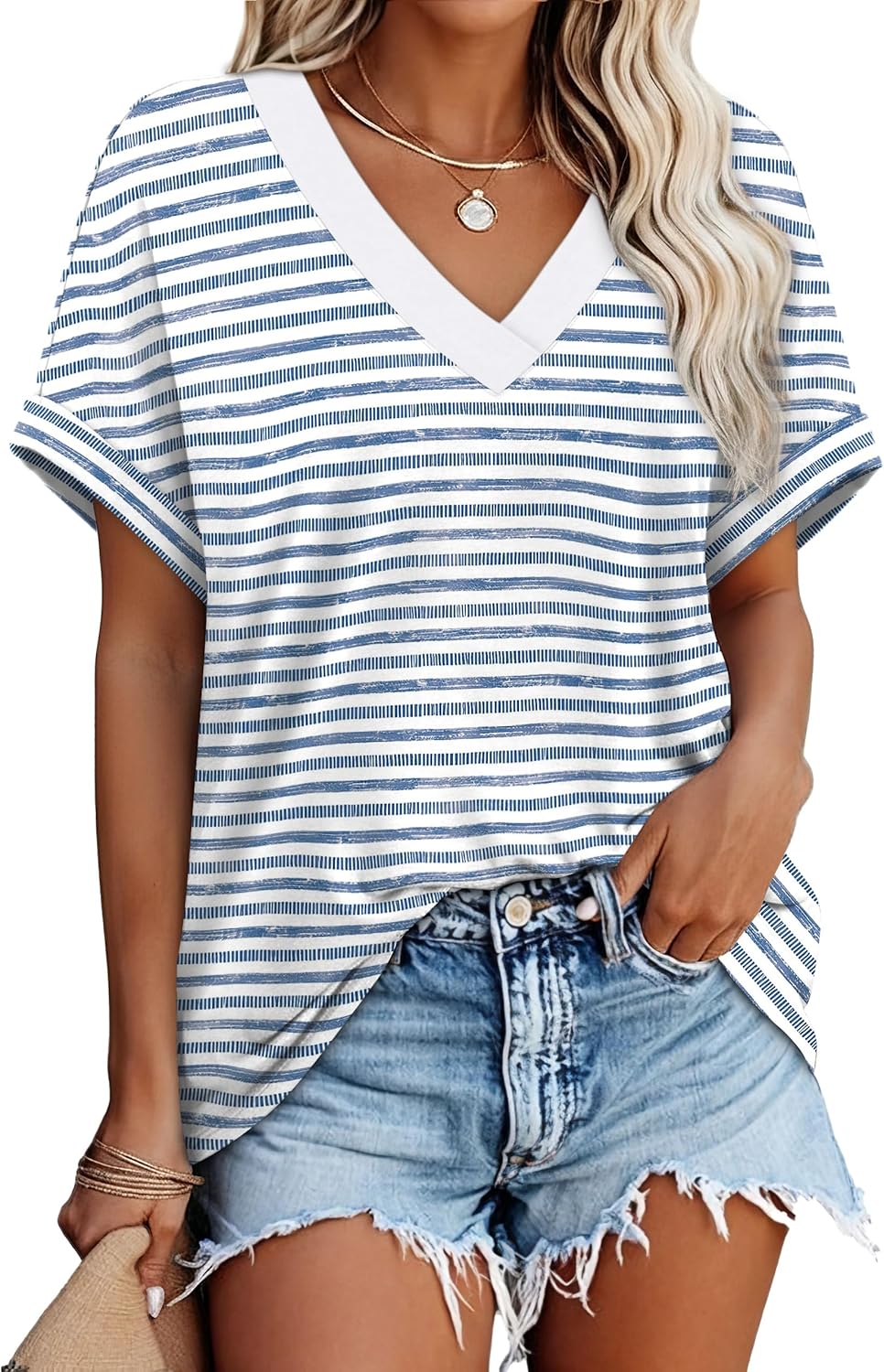 WIHOLL Womens Short Rolled Sleeve Shirts Oversized V Neck Tshirts Plus Size Summer Tops 2026 Dressy Casual Blouses S-4XL