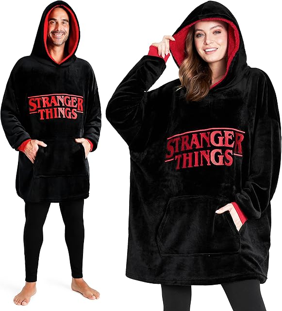 Stranger Things Blanket Hoodie for Adults Teens, Fleece Blanket Official Merchandise, (Black/Red)