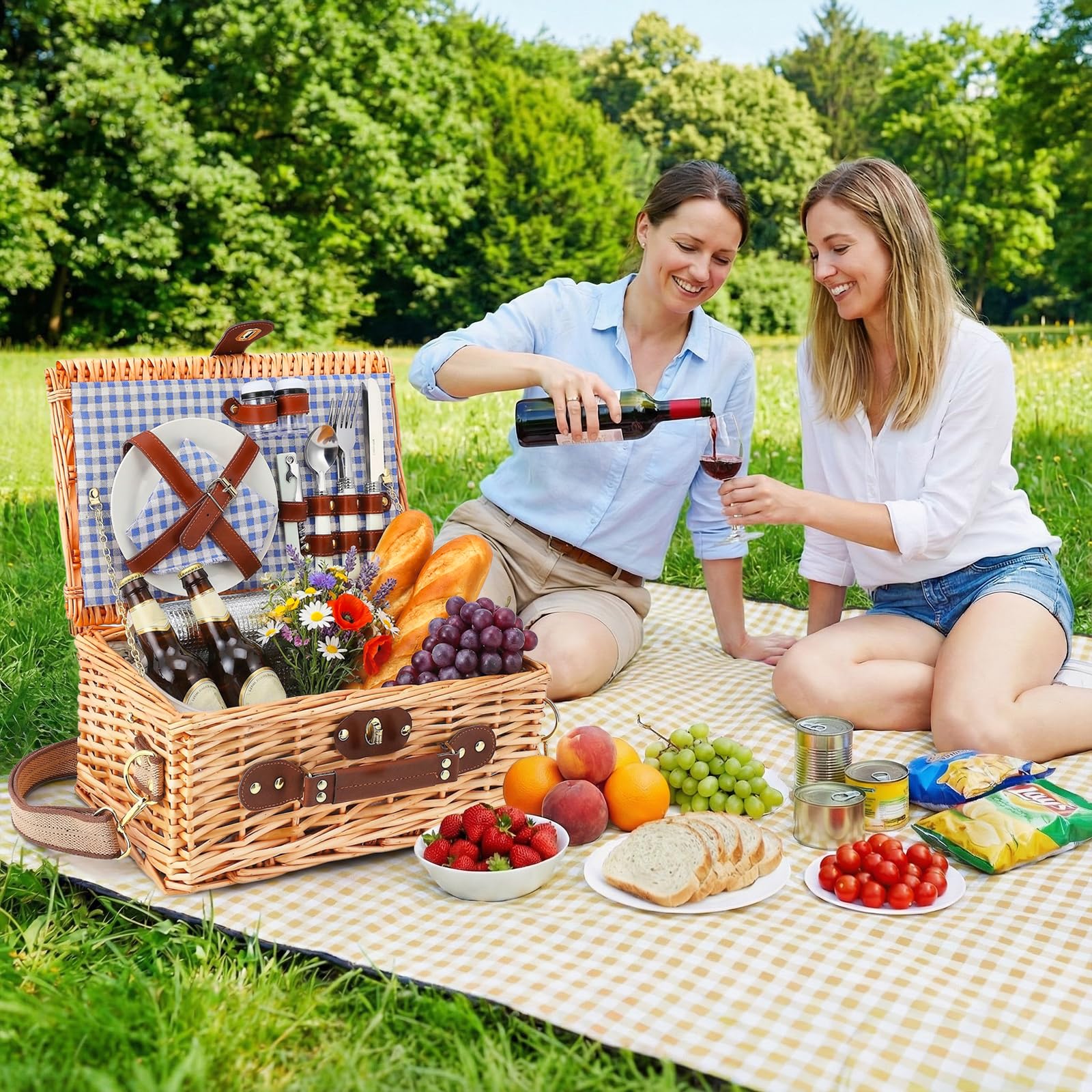Cesto da Picnic in Vimini per 2 Persone con Scomparto Termico, Blu