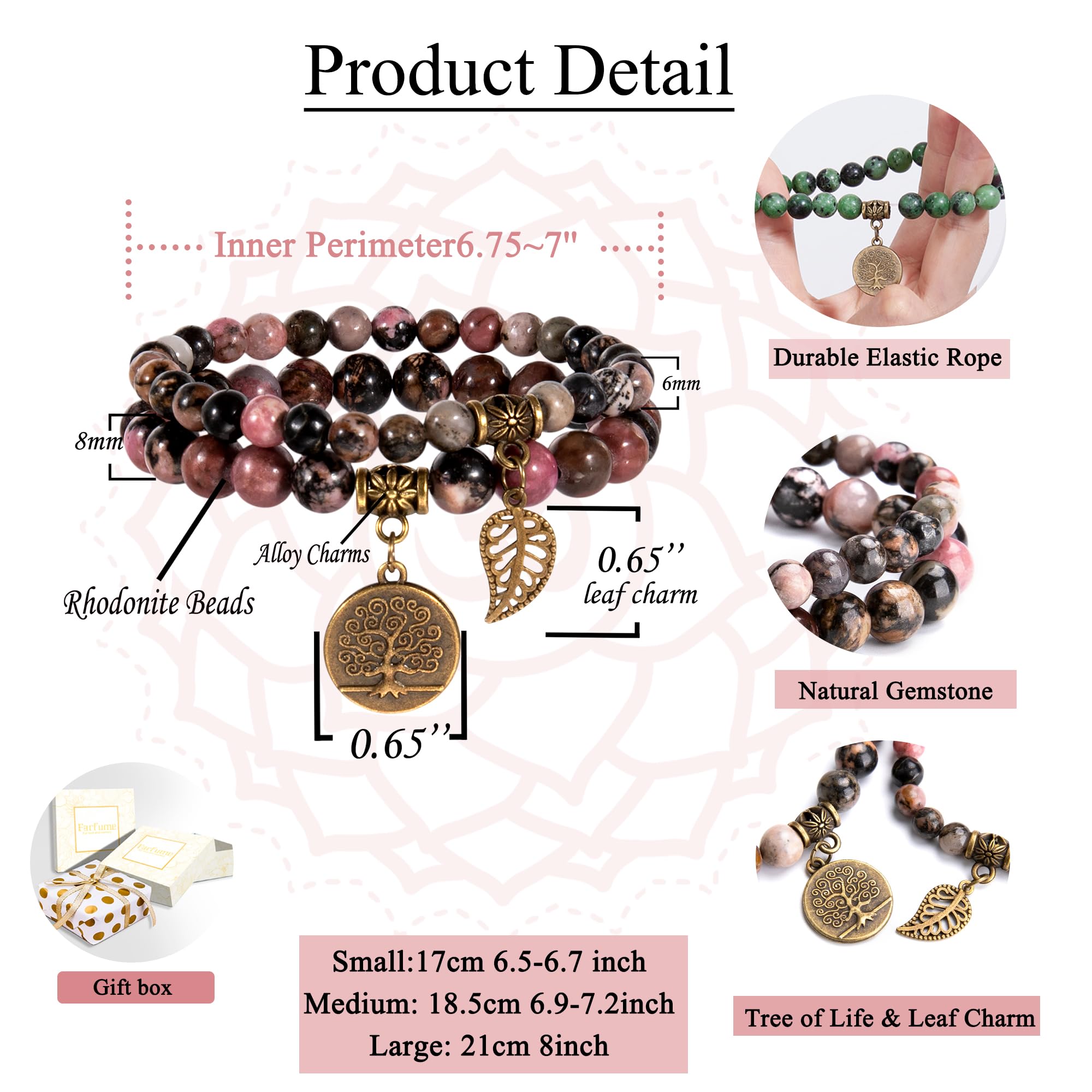 Farfume Chakra Bracelet En Pierre Naturelle - Bracelet Perles Naturelles Femme-Ensemble De Deux Bracelets Avec Accessoires Arbre De Vie Et Feuille