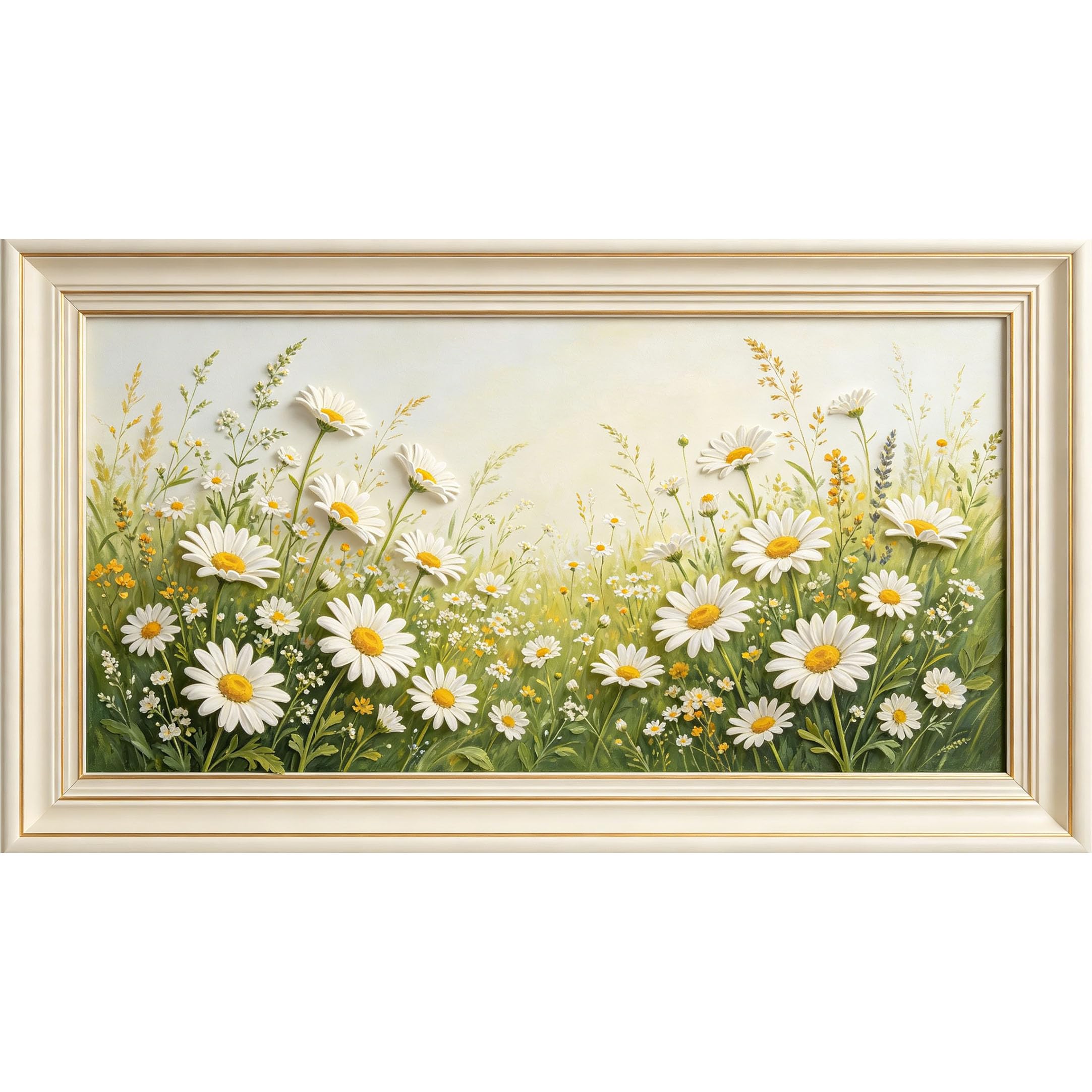 QZLITHOTIC 50x90cm3D Framed Wall Art， Botanical Daisy Meadow Self‑Adhesive Mural， Water‑Activated Peel & Stick Fabric Decor Wall Decal for Bedroom Living Room