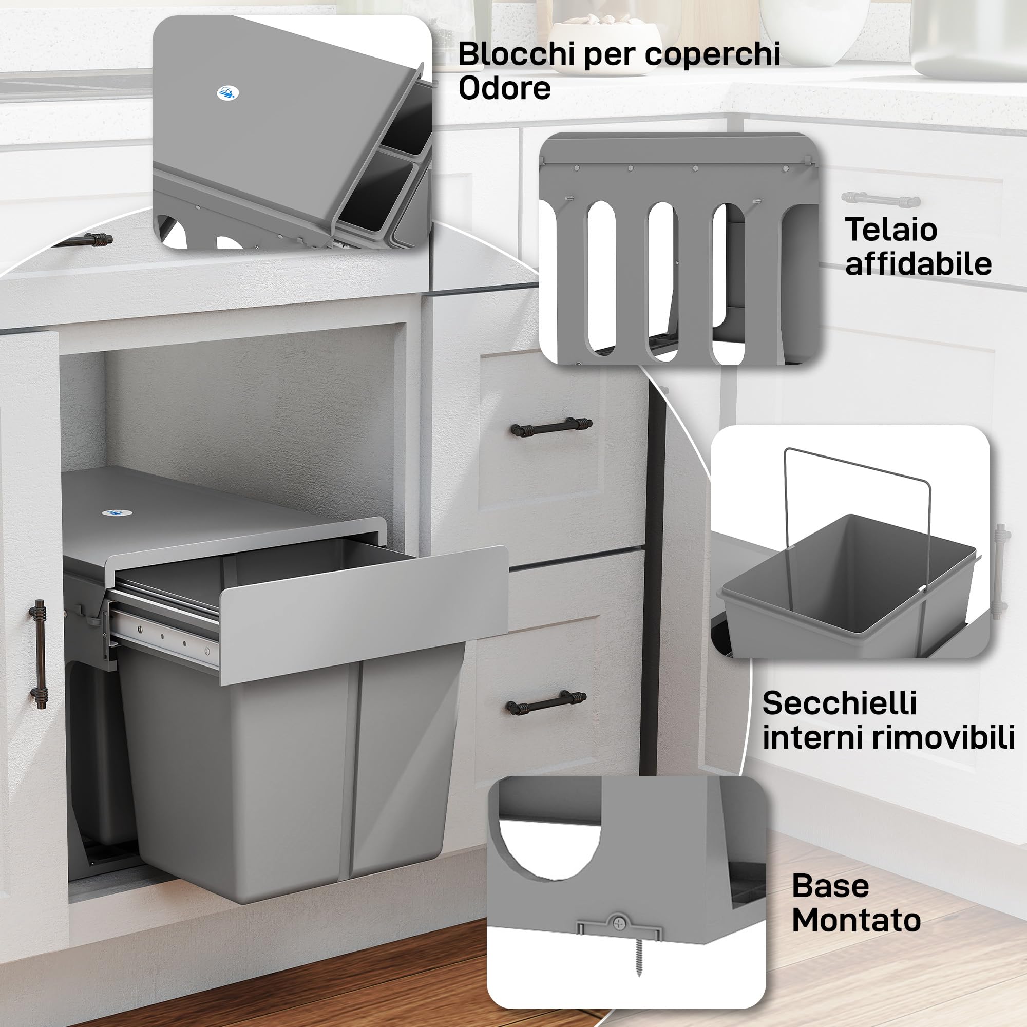 HOMCOM Pattumiera Estraibile Sottolavello 48x34.3x35.1 cm Grigio Chiaro | per Raccolta Differenziata 31L, Bidone Rifiuti, 3 Secchi Rimovibili, con Piano Superiore
