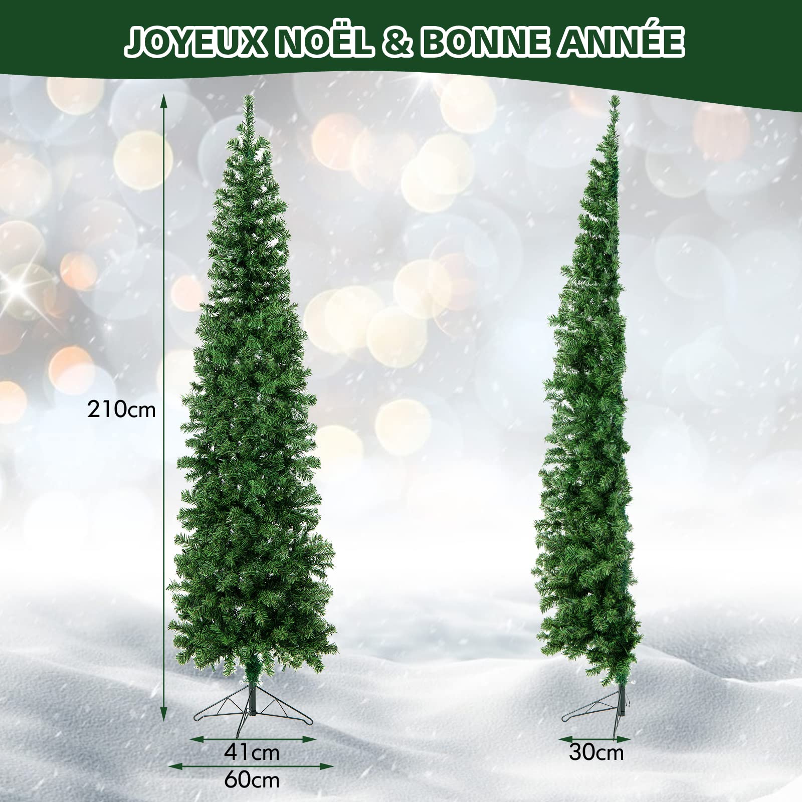 COSTWAY Sapin de Noël Moitié Artificiel 210 cm, 150 Lumières LED Blanc Chaud, Arbre Pliable avec 450 Branches, Support en Métal, Décoration Fête, Convient pour Les Coins