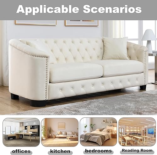 Miniatura 3 de Juego de sofá Chesterfield de terciopelo moderno de 2 piezas de 77 pulgadas, 3 plazas, respaldos tapizados con brazos de cabeza de clavo y 4 cojines